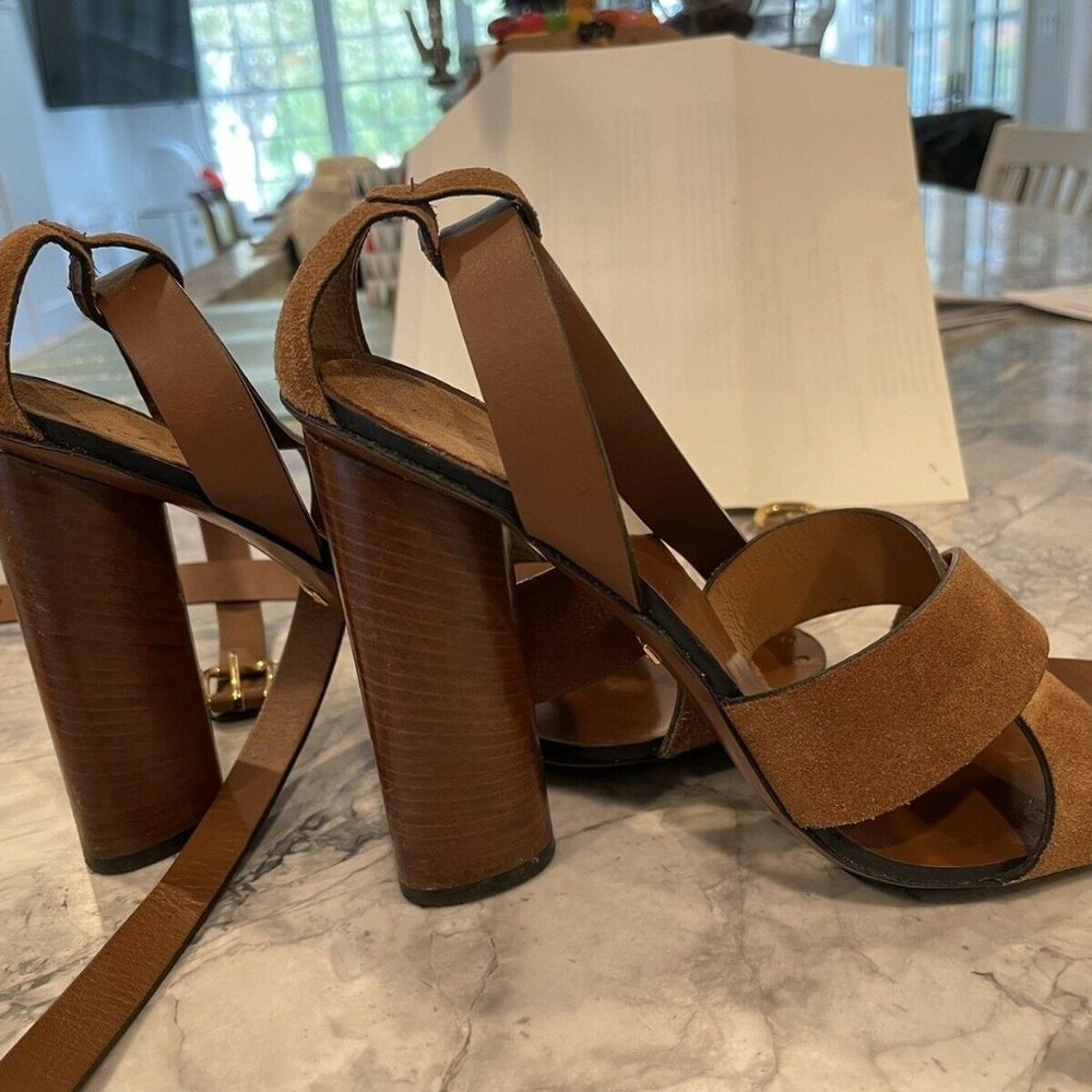 GUCCI 37.5 Brown Suede & Leather Ankle Wrap Strap Sandal Heels Maori - Picture 2 of 11